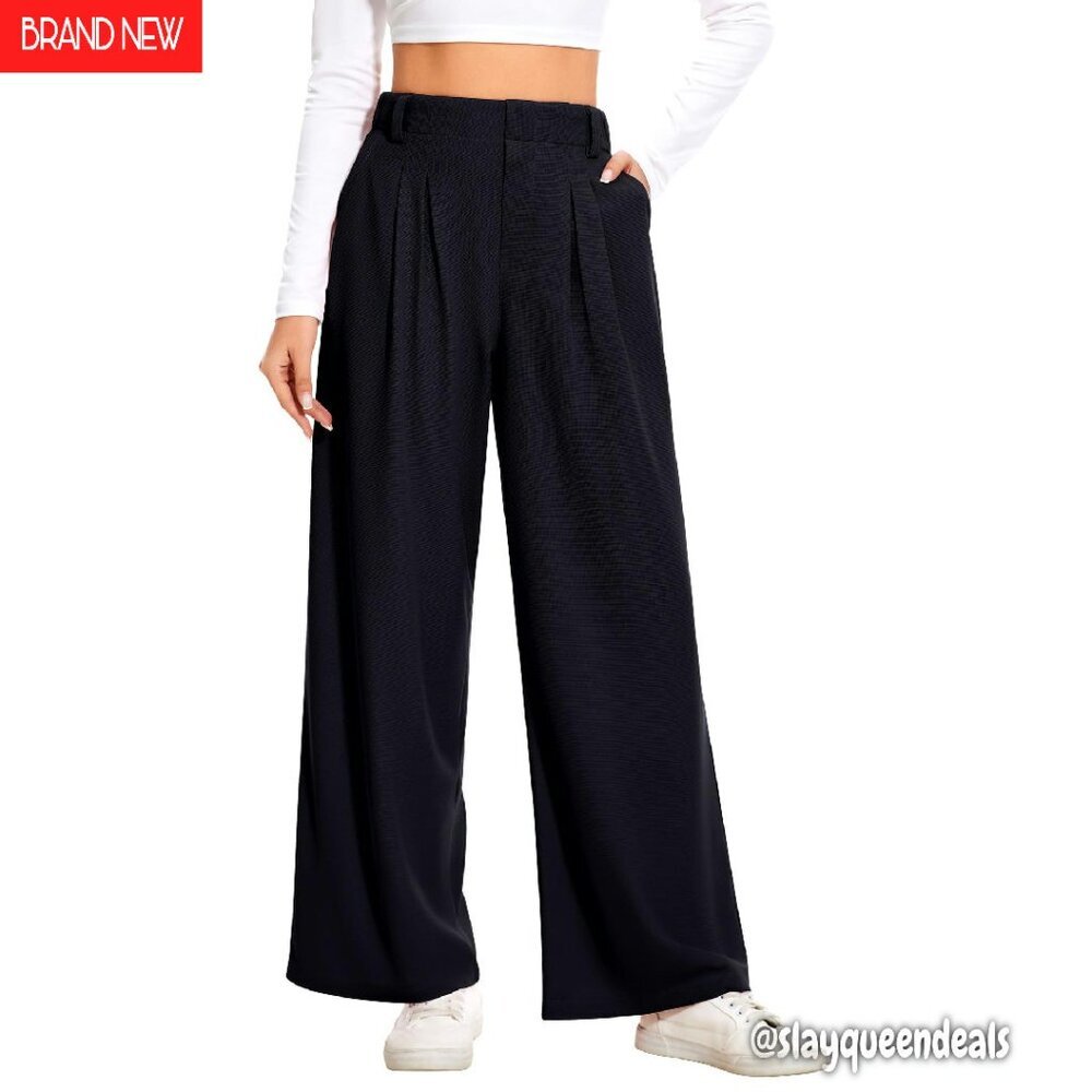 Stretchy High Waisted Work Pants Wide Leg Waffle Knit Business Casual